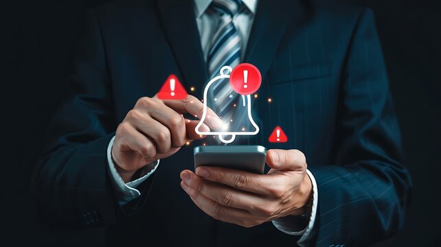 Businessman interacting with a digital interface displaying notification alerts and warning symbols on his smartphone screen