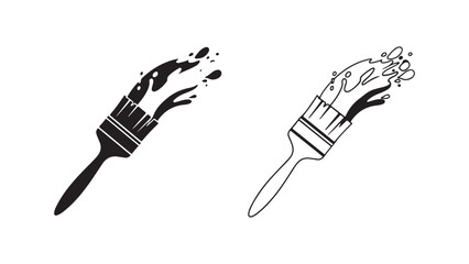 Paint brush with splashes, black and white outline