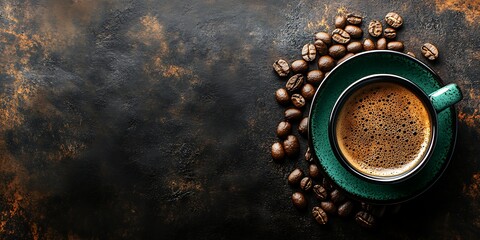 Stylish coffee with chocolate chips on dark background, banner