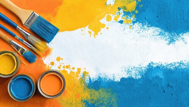 Paintbrushes and paint cans on a colorful backdrop