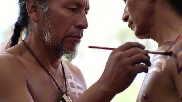 Two indigenous men one painting white and brown body paint on the other closeup