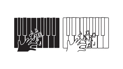 Piano keys with hands playing music notes
