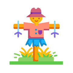 Colorful scarecrow standing in garden among green grass and plants  