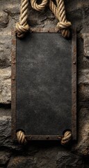 Rustic, dark slate sign, hanging with weathered rope from stone wall