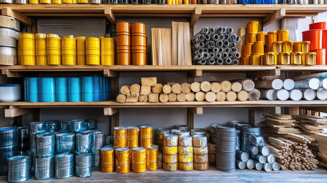 e-commerce platform for construction goods with neatly arranged wooden planks, metal pipes, and paint cans, modern online marketplace for building materials and home renovation