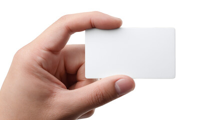 Obraz premium A person's hand delicately holding a clean blank white business card with ample copy space presenting a versatile template for professional contact information and corporate branding.