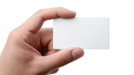 A person's hand delicately holding a clean blank white business card with ample copy space presenting a versatile template for professional contact information and corporate branding.