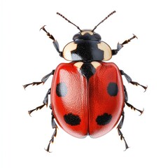 Close-up of a ladybug, red shell with black spots, white markings