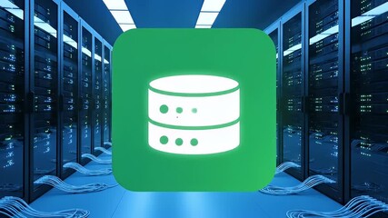 Futuristic data center server room with rows of racks and a glowing green technology icon representing cloud computing. - Powered by Adobe