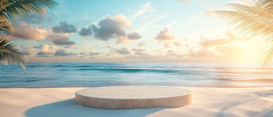 Fototapeta premium An empty beach landscape with palm trees and a platform at sunset will be in demand in advertising for vacations and travel agencies.