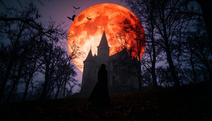 Silhouette of a figure near a gothic castle under a blood moon