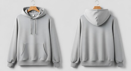 Gray hoodie front and back on wooden hangers