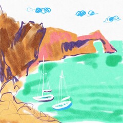 hand drawn landscape with boats. 