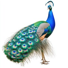 Obraz premium Vibrant peacock, full body view, displaying tail