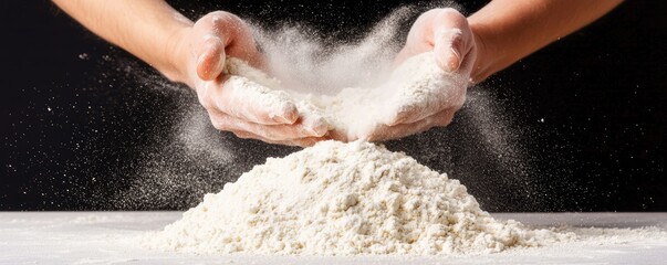 A person is sprinkling flour from their hands, creating a cloud of powder over a mound of flour on a surface, emphasizing the texture and movement of baking.