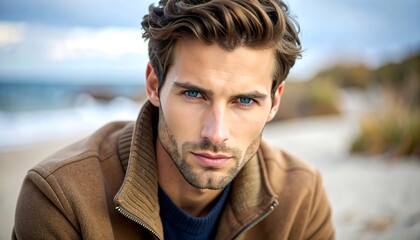Serene gaze of a handsome man by the sea reflecting calm and contemplative mood along the coast