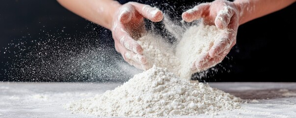 A person is pouring flour from their hands, creating a cloud of fine particles above a pile of flour on a dark surface.