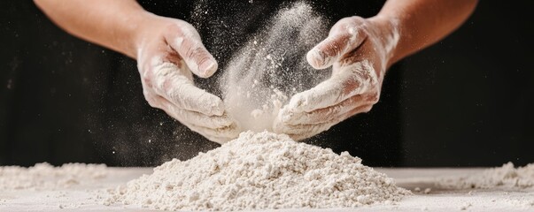 A pair of hands dusts flour, creating a cloud of particles over a mound of flour on a surface, conveying an artistic moment in baking or cooking.