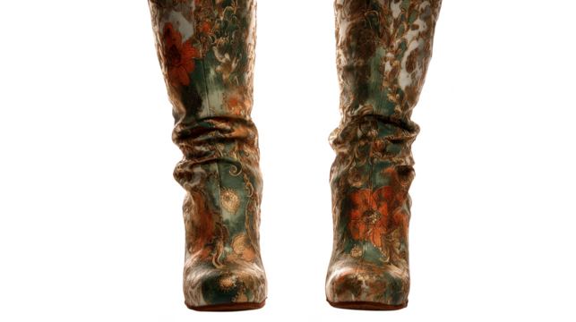 A unique pair of wearable art boots featuring a beautifully detailed and colorful painting transforming ordinary footwear into a creative masterpiece of fashion and personal expression.