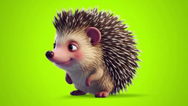 Cute animated hedgehog character walking and turning on a bright green background in various poses and angles for animation sequence