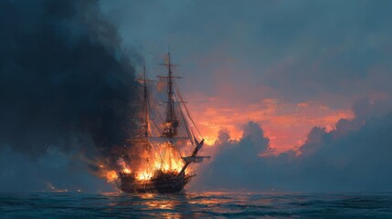 Burning wooden sailing ship engulfed in flames at night on dark stormy ocean.