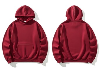 Maroon hoodie isolated on white background front and back