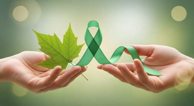 Hands holding green ribbon and maple leaf for environmental awareness and support - Powered by Adobe