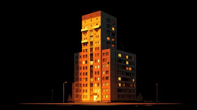 High-rise apartment building with glowing windows at night on dark background.