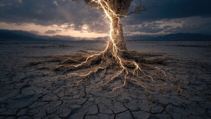 Fototapeta premium A lone tree in a cracked, dry landscape. Golden light emanates from the roots, signifying resilience