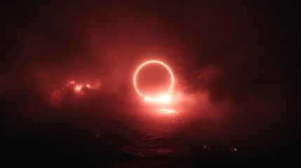 Glowing eclipse above red cosmic surface with radiant light reflections.