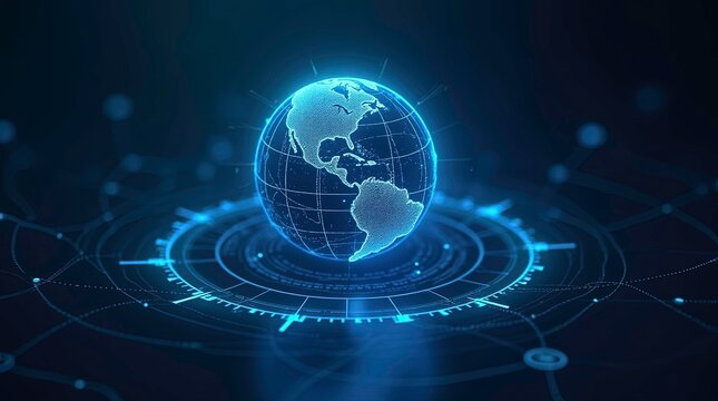 Glowing digital earth globe surrounded by data interfaces and lines of connection by glowing data streams and holographic elements. symbolizing global connectivity and high-speed data transmission. - Powered by Adobe