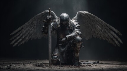 Angelic knight kneeling with sword and wings in dramatic lighting on dark background.