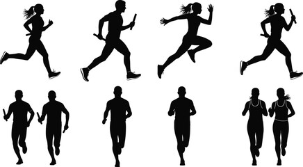 Runner silhouette vector set showing relay and solo running poses, athletic movement for sports, fitness, competition, and motion themes