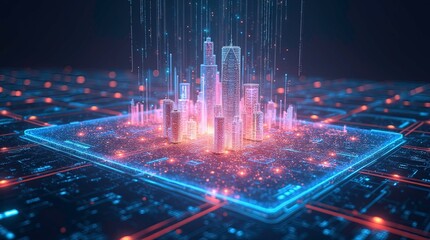 Futuristic platform with holographic cityscape projections digital grid flooring bright neon lights and data nodes, concept of virtual city or metaverse interface.