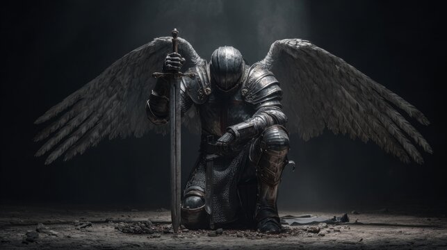 Angelic knight kneeling with sword and wings in dramatic lighting on dark background.