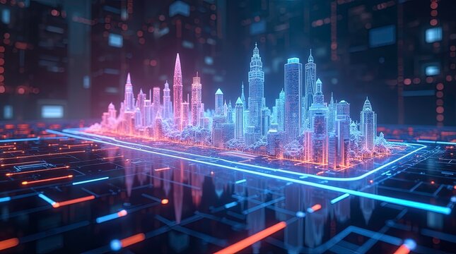Futuristic platform with holographic cityscape projections digital grid flooring bright neon lights and data nodes, concept of virtual city or metaverse interface.
