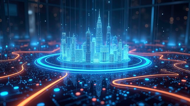 Futuristic platform with holographic cityscape projections digital grid flooring bright neon lights and data nodes, concept of virtual city or metaverse interface. - Powered by Adobe