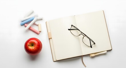 Open Notebook With Glasses Apple and Chalk for Education and Learning