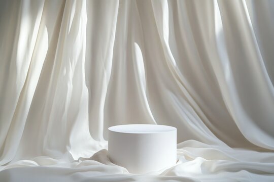 Elegant minimalist display pedestal on luxurious flowing white fabric background