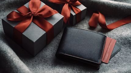 Elegant gift boxes with red ribbon, open wallet with cards, luxury gifting