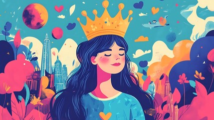 Woman in crown against colorful cityscape illustration
