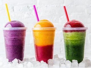 Colorful slushies in clear cups sit on ice, showcasing vibrant layers of purple, orange, and green, with playful straws for a refreshing treat.