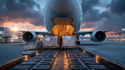 Cargo plane at dusk being loaded with containers for rapid global delivery. Illustrate international trade, air freight and the logistics of air transport.