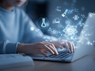 Student Hands Typing on Laptop with Glowing Icons of Science and Research