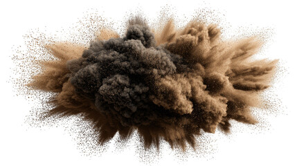 A spectacular and dynamic high speed photograph capturing a dramatic explosion of black and brown dust particles creating an abstract chaotic and energetic visual spectacle..