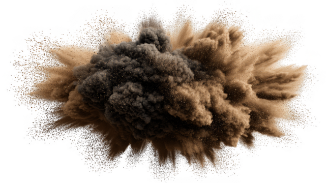 A spectacular and dynamic high speed photograph capturing a dramatic explosion of black and brown dust particles creating an abstract chaotic and energetic visual spectacle..