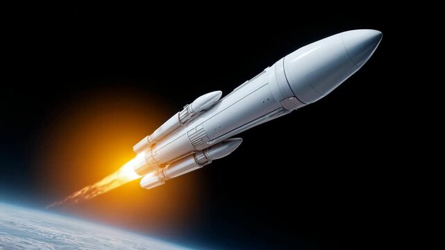 A rocket ascends through the atmosphere, soaring above Earth. A powerful launch signifies exploration and technological advancement.