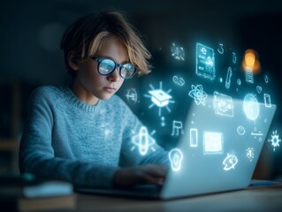 Young Boy Student Working on Laptop with Glowing Icons of Science and Learning