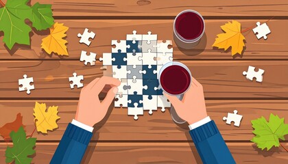 Hands Solving Chess Puzzle On Wooden Table With Autumn Leaves And Wine Glasses