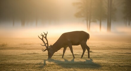 Photo of a majestic stag with large antlers grazes peacefully in a misty meadow at sunrise, bathed in golden light, with trees silhouetted in the background